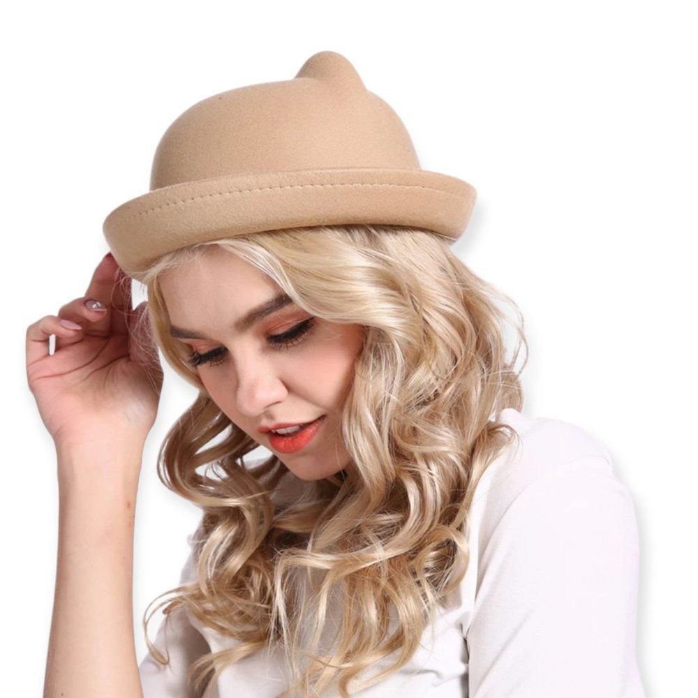 Tan Round Crown Curled Stiff Brim Fashion Cat Ears Bowler Hat